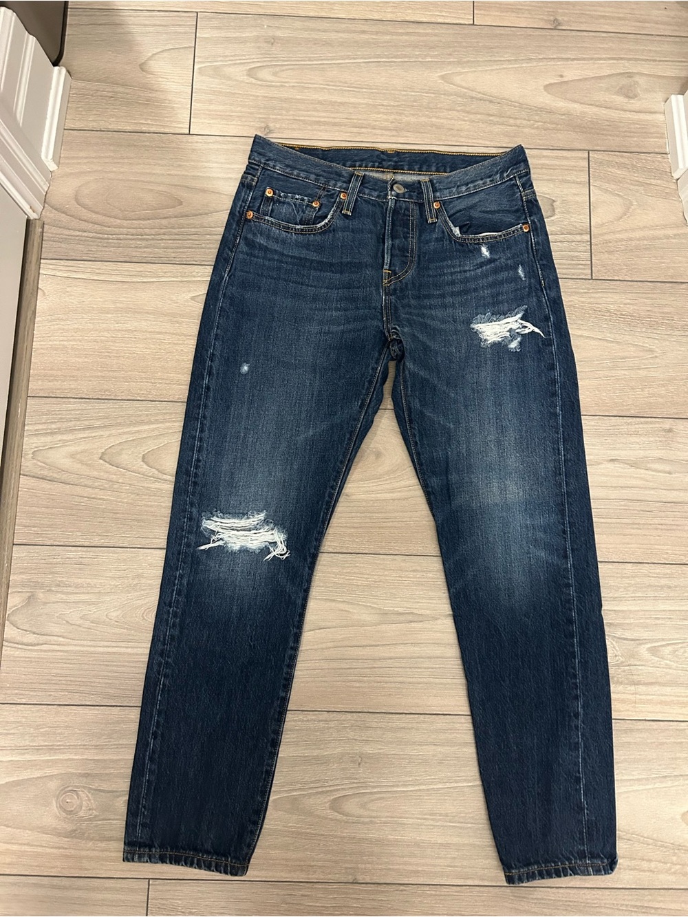 Dark Wash Distressed Straight-Leg Jeans - Blue